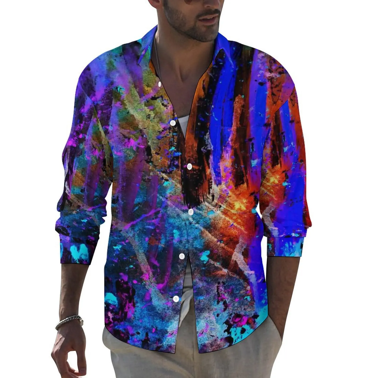 Rainbow Splatter Art Street Casual Shirt Mens Colorful Splashes Shirt Spring Novelty Blouses Long Sleeve Design Oversize Top