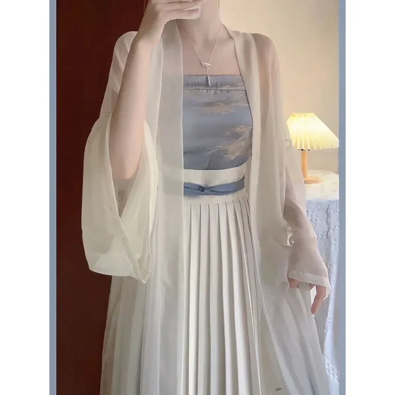 Summer Fashion Blue Gradient Hanfu Dress 3pcs White Garment Suspender Strap Skirt Female Modern Style Fairy Dresses Carnival