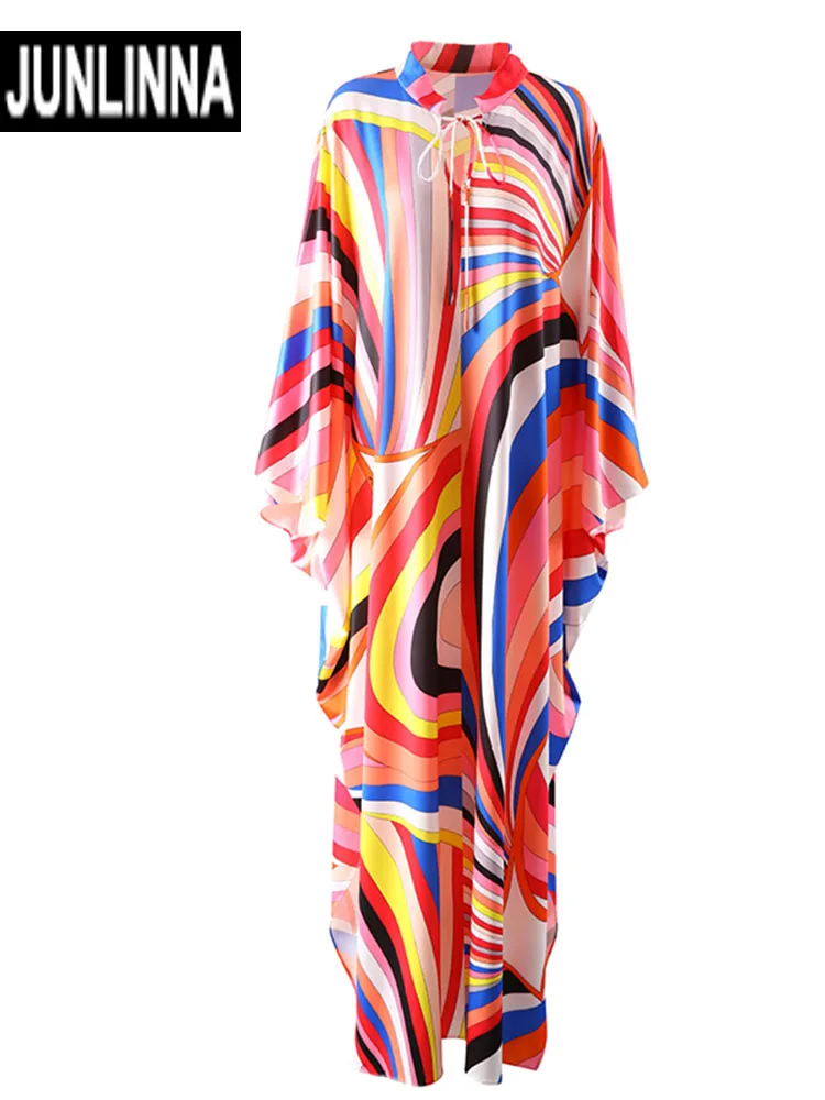 

JUNLINNA Fashion Designer Loose Long Dresses Women Batwing Sleeve Geometric Print Vintage Maxi Dress Robe Vestidos V Neck