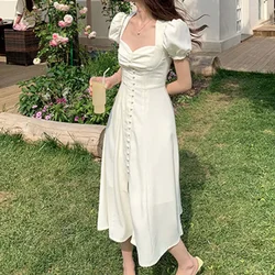 Solid Elegant Summer Dress Women 2021 Deep V-Neck Slim Casual Classy Long Dress Female Puff Sleeve Retro Sexy Party Split Dress