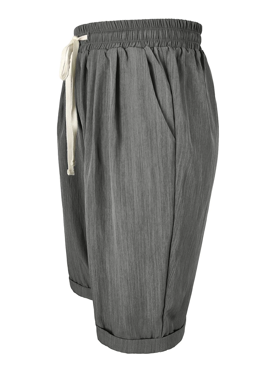Damen-Sommer-Shorts mit Textur, knielang, elastische Taille, Kordelzug, lockere Bermuda-Hose mit weitem Bein und Taschen, Streetwear – Detail 5