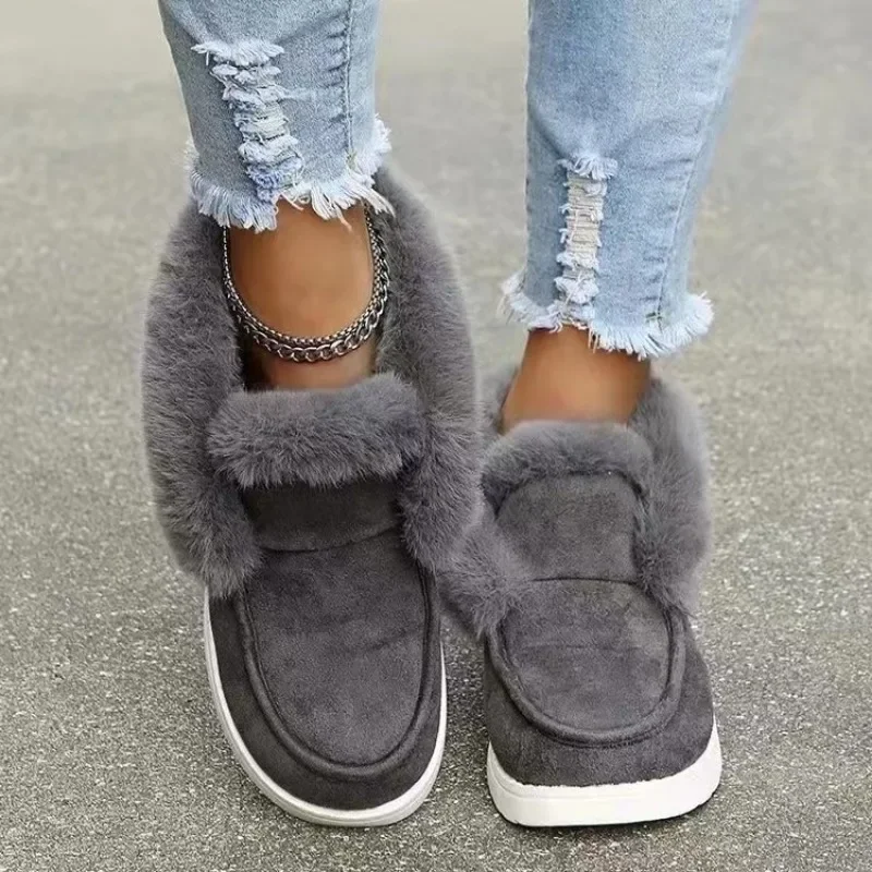 New 2024 Ladies Slip on Comfortable Ankle Boots Women Winter Warm Plush Fur Snow Boots Suede Shoes Female Footwear Femininas