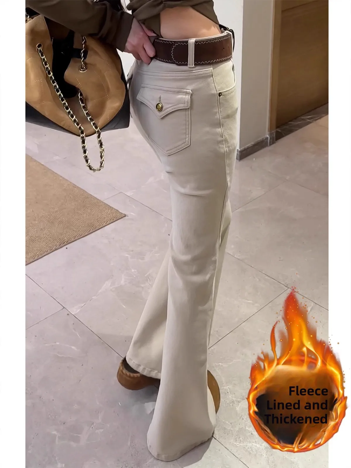 

Джинсы женские осенне-зимние новые, цвет хаки, с высокой талией, эластичные, на флисовой подкладке, микро-клеш, облегающие, с эффектом «рогатых» брюк