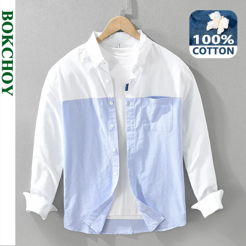 2024 Autumn New Oxford Patchwork 100% Cotton Shirts for Men Clothing Casual Slim Long Sleeve Men Shirts CM7366