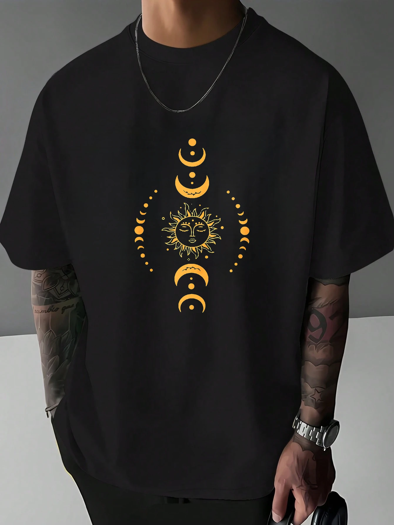 Men Cotton Tee Sun Moon Phase Celestial Mystic Graphic Short Sleeve Retro Boho Casual Summer Street Tops For Young Male Adults