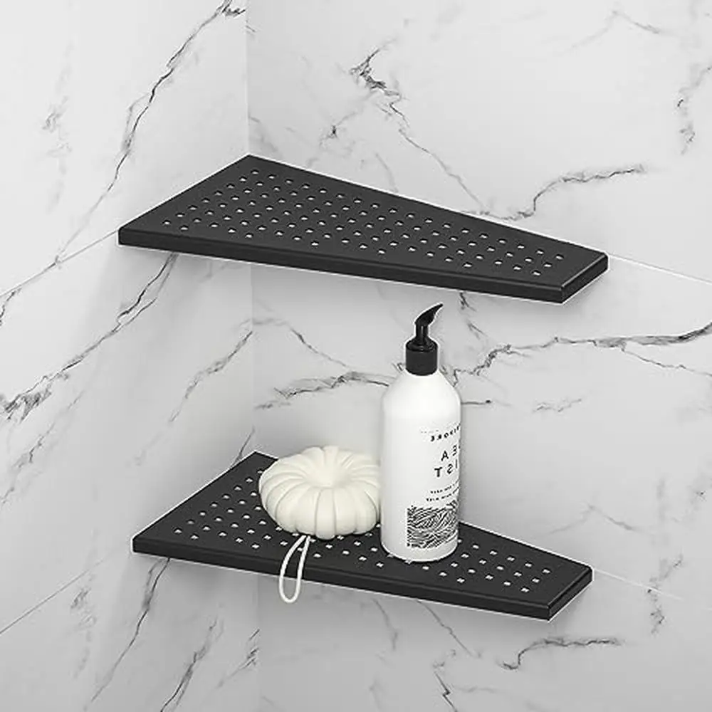 

Corner Shower Shelf 304 Stainless Steel Matte Black Trapezoid Floating with Grid Design and Recessed Bathroom 12" Shelf Slots