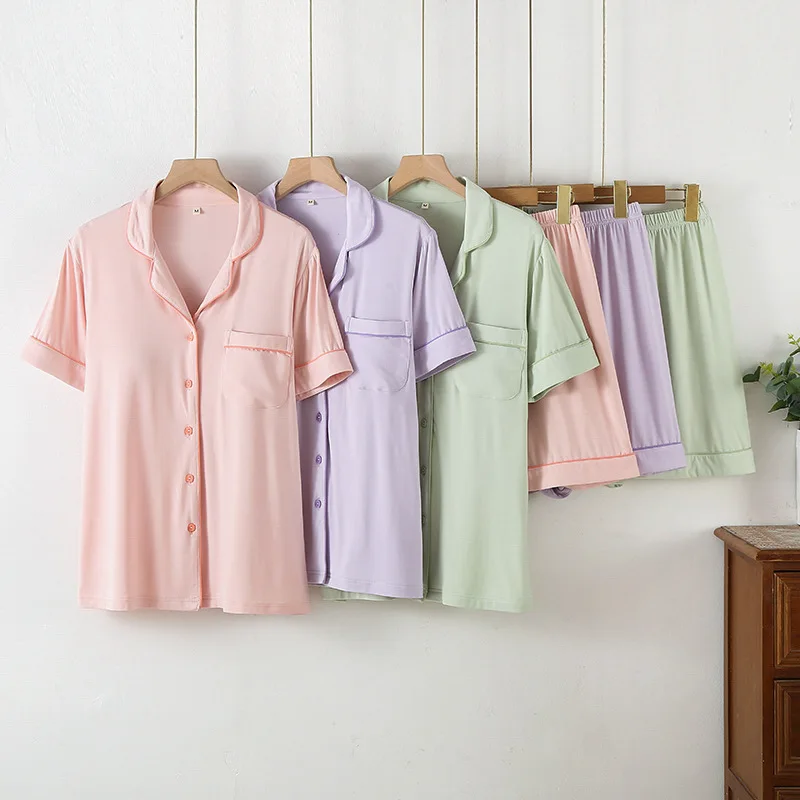 

2025 Bamboo Fiber Solid Color Pajamas Women's Summer Thin Short-sleeved Chest Pad Loungewear Two-piece Set Loose Home Clothes