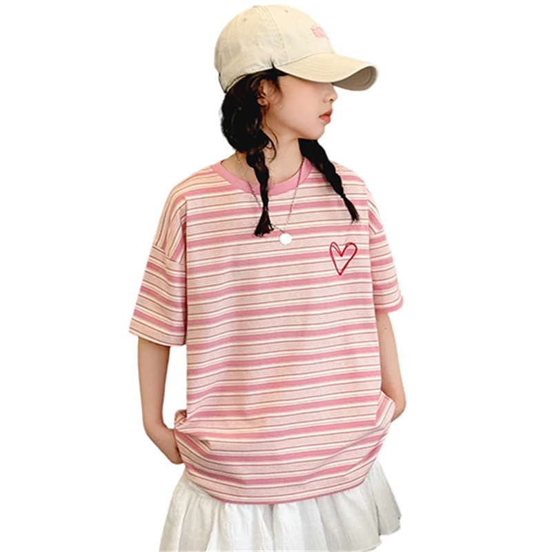 Sweet Style Kids Girl Summer Shorts Sleeve Pink Striped Heart T-shirt Tweens Child Loose Casual Tee Tops Tshirt for Teenagers