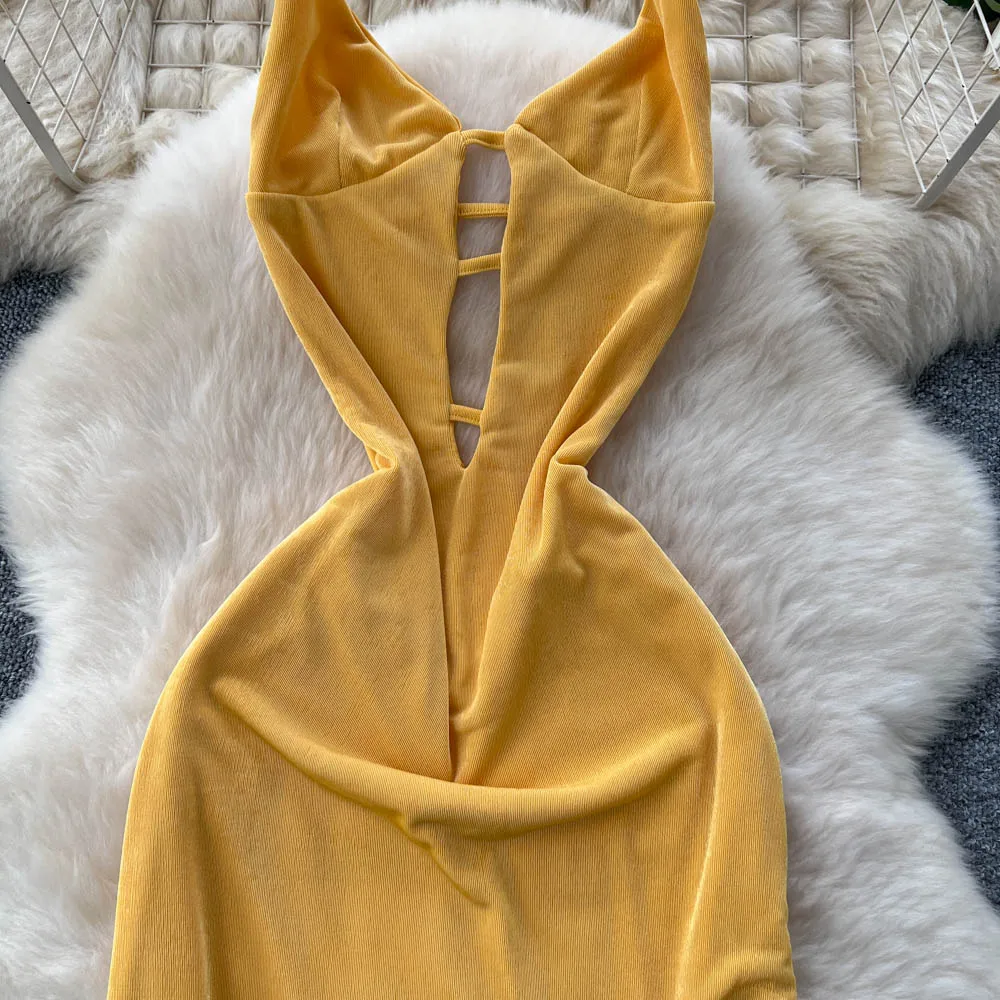 Chic vintage senza maniche diviso senza schienale solido sottile Elegante fata moda coreana Boho Vestito estivo abbigliamento donna Abito lungo