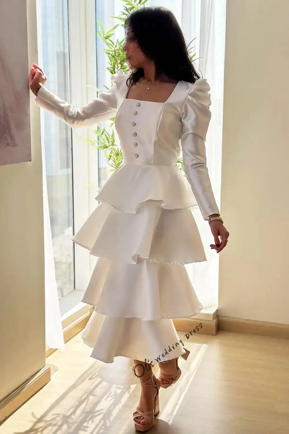 customized Multi Layered Satin Party Dresses 2024 Women Prom Dresses With Square Neck Full Sleeve Evening Dress robes de soiréeف