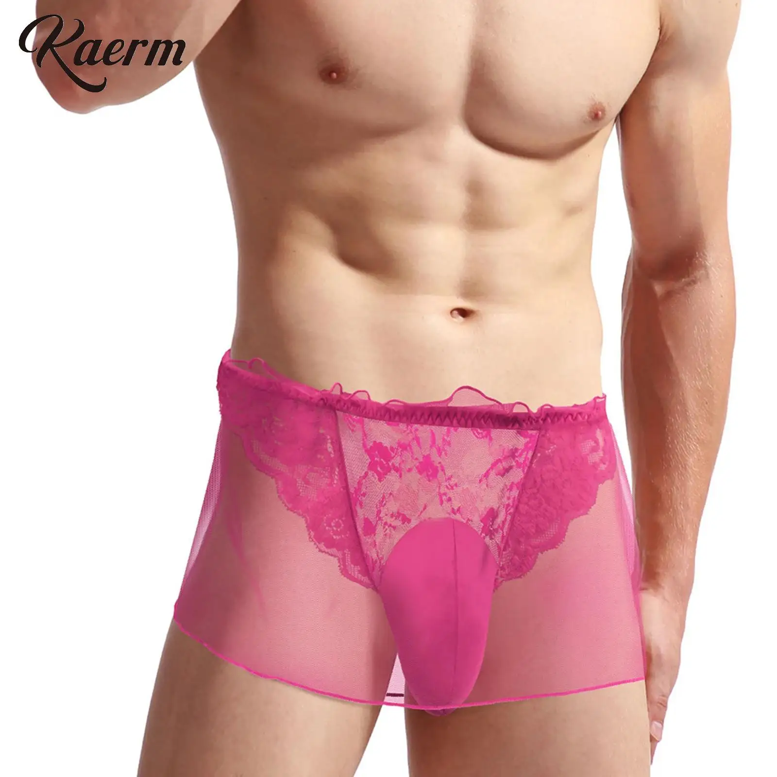 

Men Erotic Lingerie See Through Panties Mesh Lace Shorts Bulge Pouch Open Butt Solid Color Underwear for Role Play Club Wear