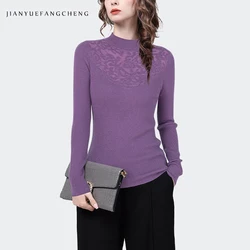 Women's Elegant Purple Knit Top - High Neck Lace Panel Ribbed Office Wear Tops 2026