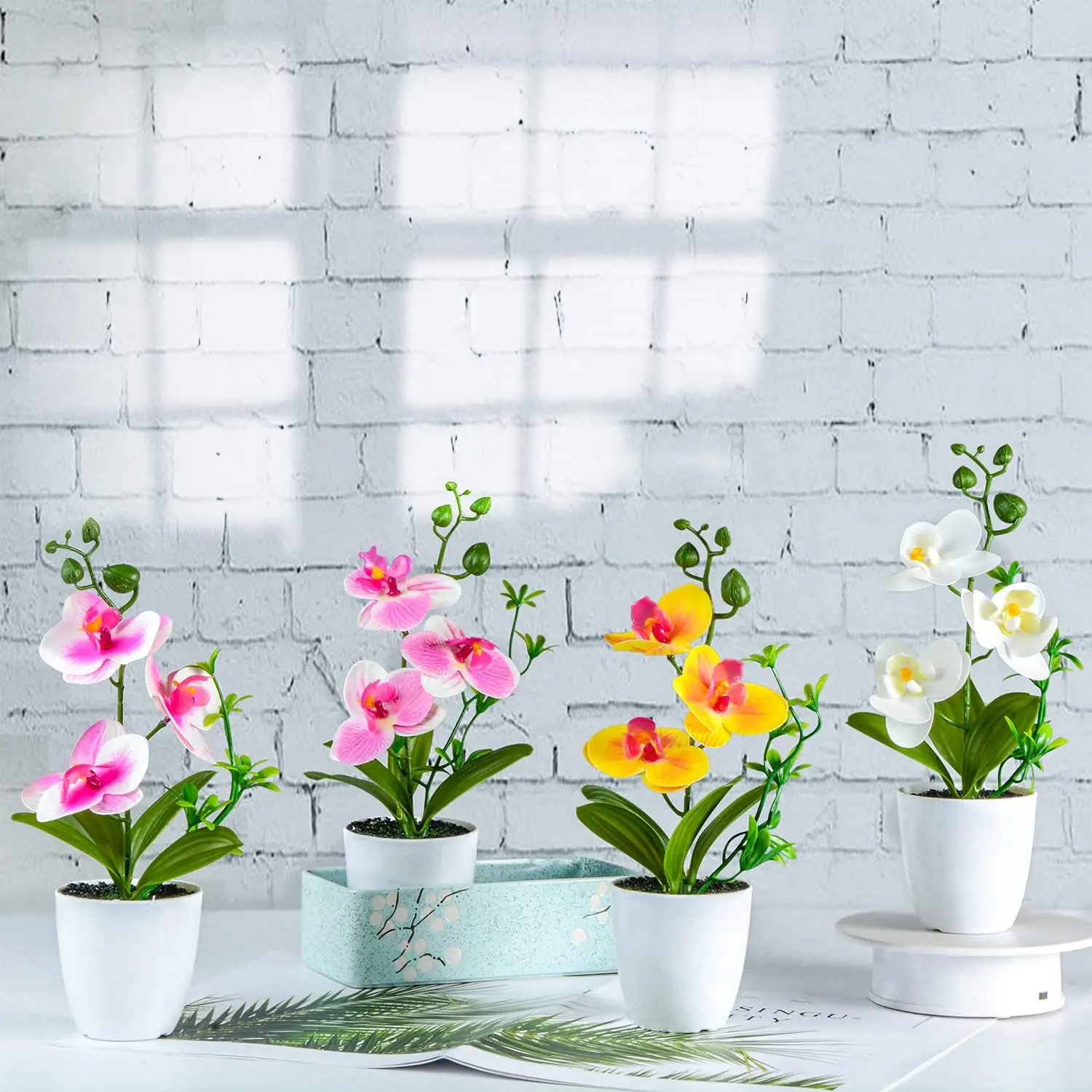 

4Pcs Artificial Mini Potted Fake Orchids With Plastic Vase for Home Office Table Decoration (White, Yellow, Pink)
