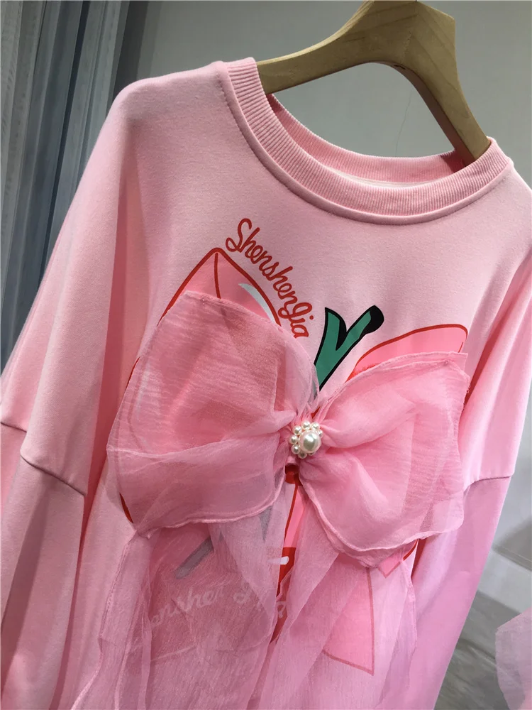 O-neck Beading Bow Cute Fairy Pink Sweatshirt Age Reduction Long Sleeve Hoodies Top All-match Loose Autumn Winter Cotton Sweater