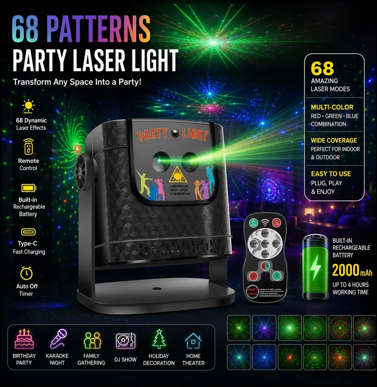 Remote Control Mini Laser Projector Party Light Sound Activated Auto Mode RGB Strobe Stage Lamp for KTV Bar Birthday Christmas