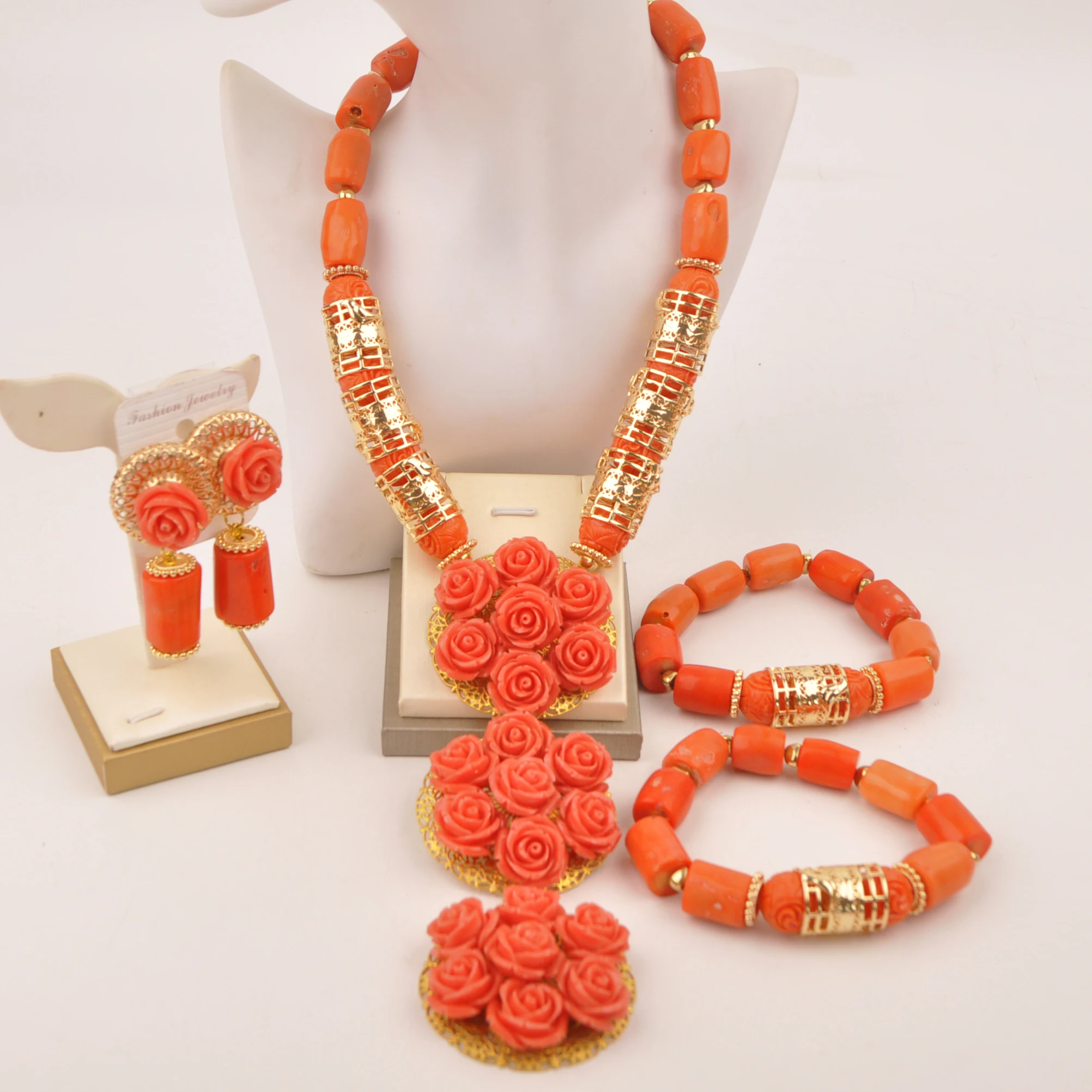 

Nigerian African Wedding Beads Original Orange Coral Jewelry Set for Women