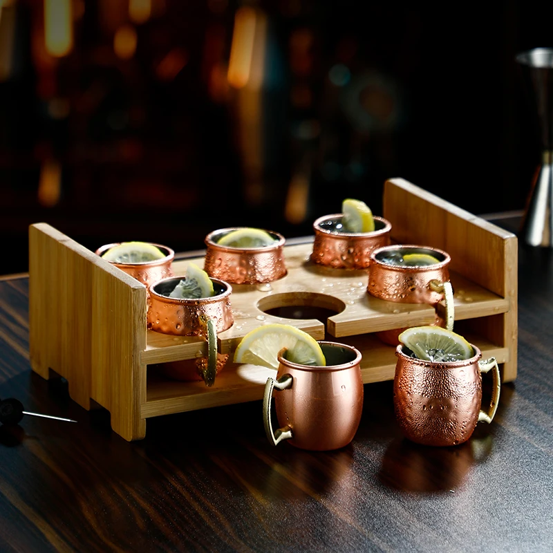 6pcs/set 60ML Mini Mugs Moscow Mule Mug With Wooden Holde Cocktail Cups Stainless Steel Hammered Copper Plated Beer Wine Mug