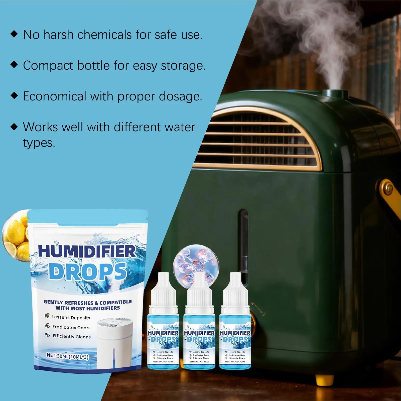 

Увлажнитель для удаления накипи, 3 шт., натуральный универсальный товары для дома, увлажнитель-цистерна, капли для домашнего офиса, гостиной, аквариума, рыбы