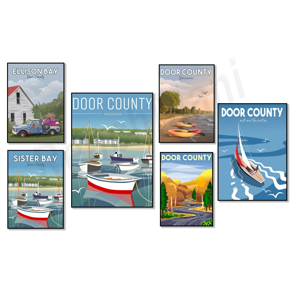 ملصق السفر للباب والنافذة ، جزيرة البحيرة ، خليج الأخت ، باب خور الأسماك والجزيرة ، خليج إليسون وجزيرة الجزيرة ، خليج الأخت