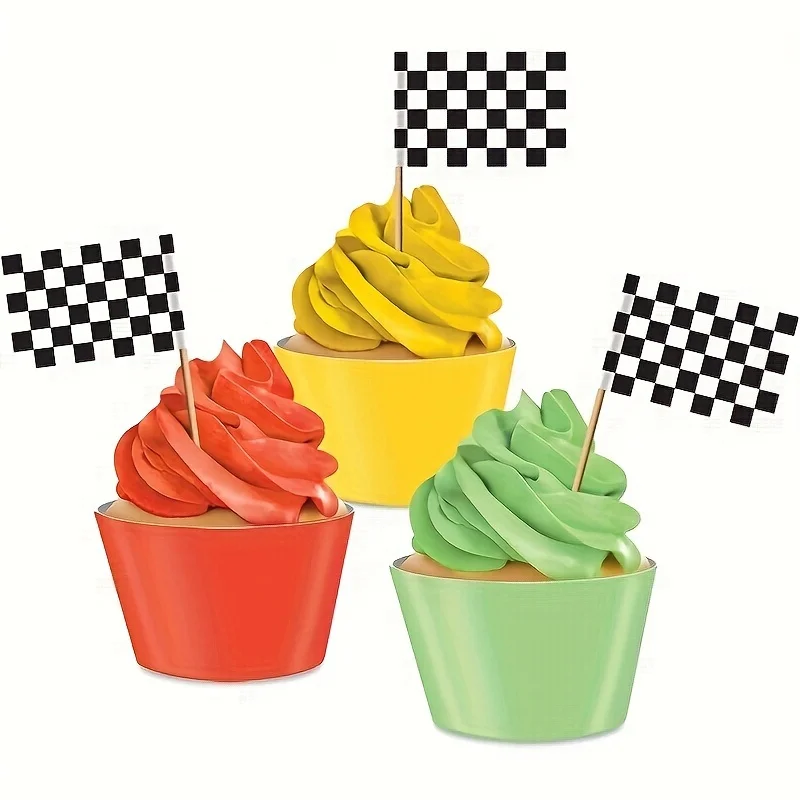 50pcs, Checkered Racing Flag Party Food Topper For Race Car Party toothpick flag Cupcake Topper Cupcake Decor Theme Party