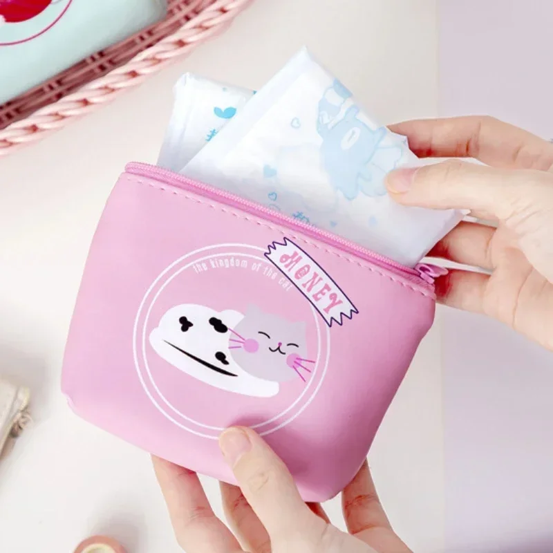 PU Multifunctional Coin Key Storage Bag Bank Credit ID Card Holder Sanitary Pad Organizer Cartoon Cute Cat Printed Coin Purse