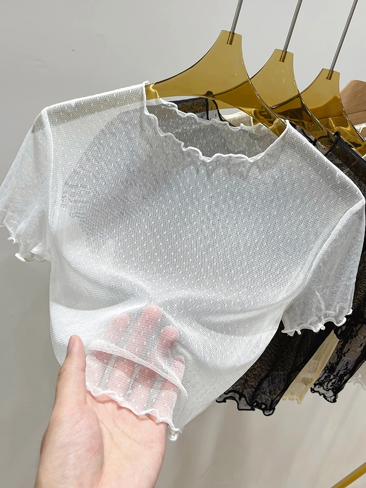 

Женская летняя футболка с кружевной отделкой, тонкими бретелями, вырезами и коротким рукавом, в корейском стиле, с круглым вырезом, с эффектом пэчворк и вырезами.