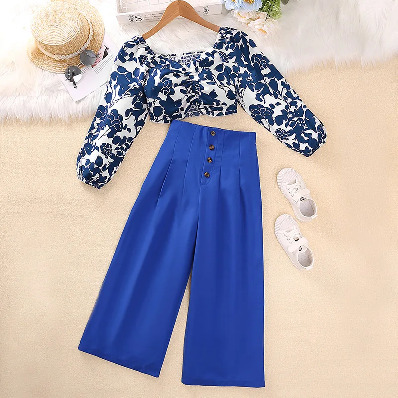 Children's Clothing Girl Spring And Autumn Set Printed V-neck Shirring Long Sleeves Smocking Tops And Solid Color Flared Pants