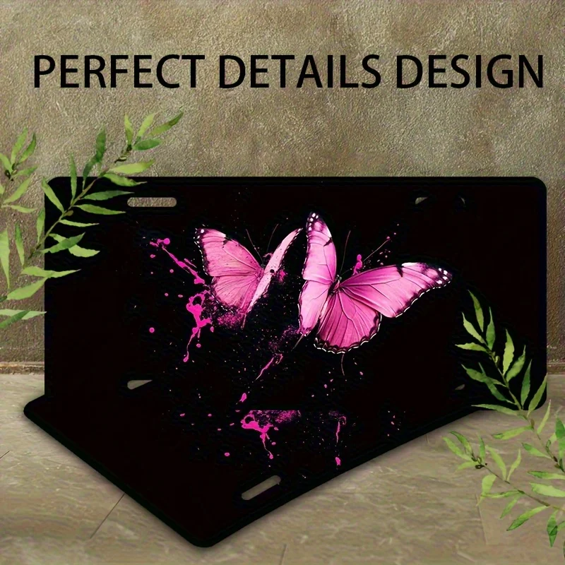 1pc 2D Flat Solely for Decoration Pink Teardrop Butterfly Front Panel, License Plate Cover with Humorous Design Suitable for Men