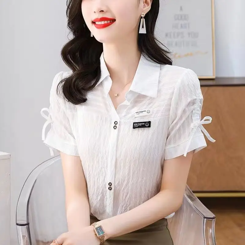 

Temperament New Summer Short Sleeve Polo Neck Shirt Tops Thin All-match Solid Loose Elegant Blouse Fashion Office Women Clothing