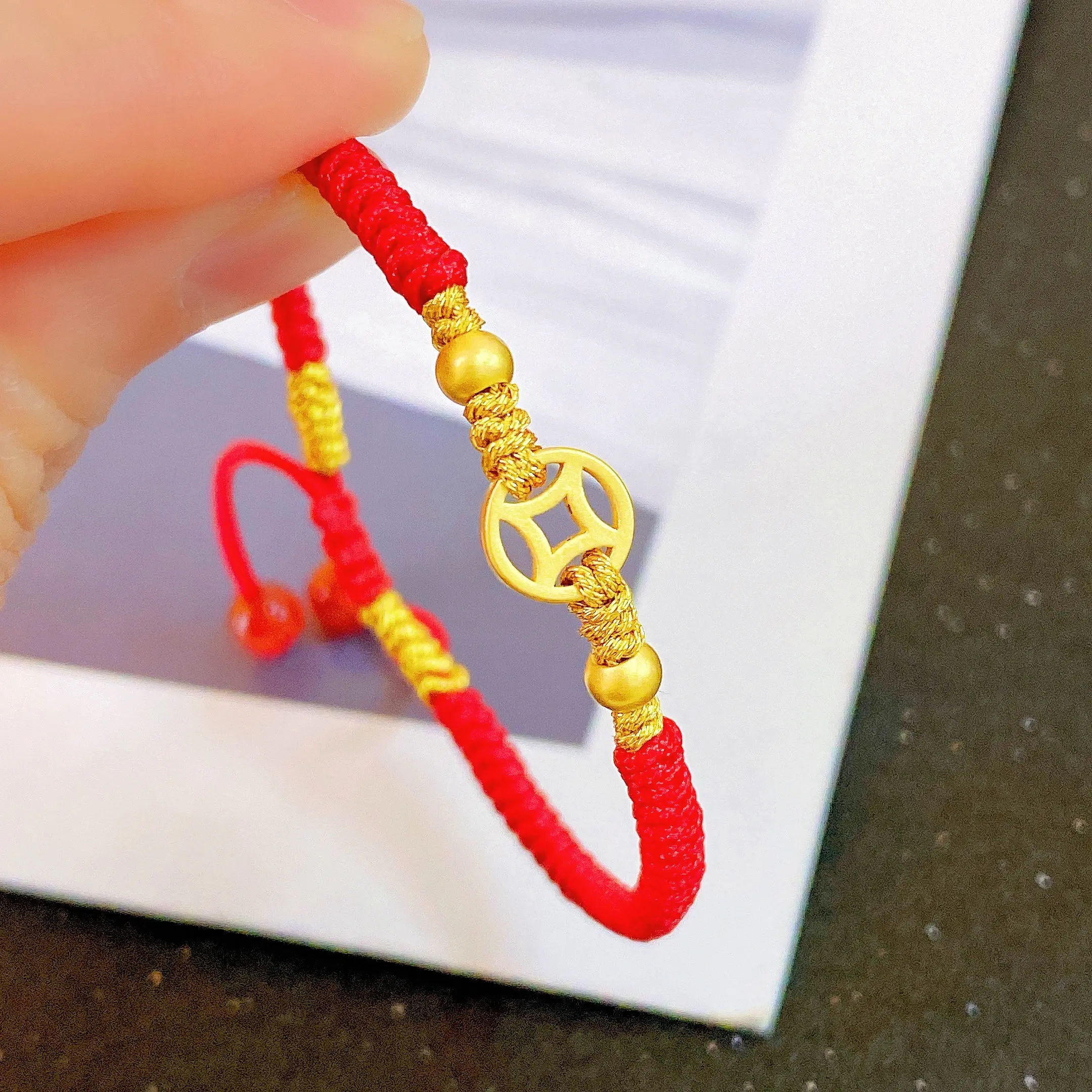 

Pure 24K 999 Yellow Gold Lucky Money Coin Transfer Beads Knitted Bracelet