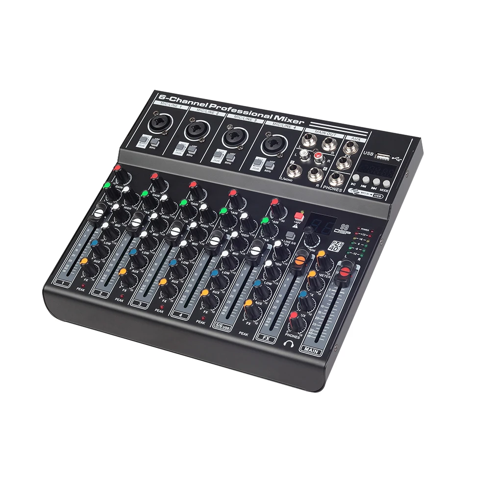 

Professional Digital Usb Mp3 6ch Mini Audio Mixer Console Professional Audio for Stage Performance KTV