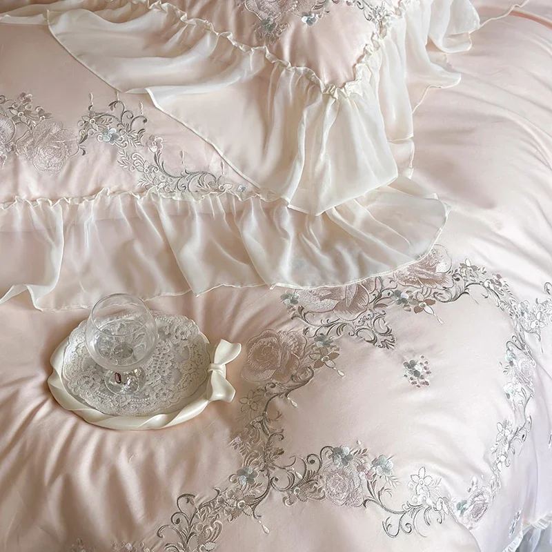 Pink 1000TC Egyptian Cotton Flowers Embroidery Bedding Set Luxury Chiffon Lace Duvet Cover Bed Sheet Pillowcases Queen King Siz