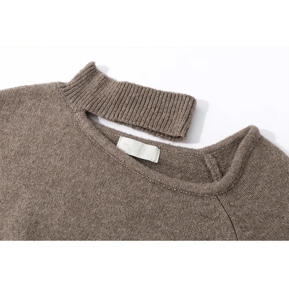 سترة كتف غير متناظرة بلون القهوة من Ele للنساء لخريف وشتاء محبوكة طويلة بألوان حرارية دافئة