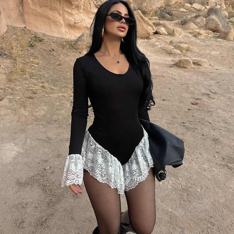 Sexy Lace Splice Playsuits For Women Autumn Winter New Contrast Color Slim High Waist Sexry Rompers Female Fashion