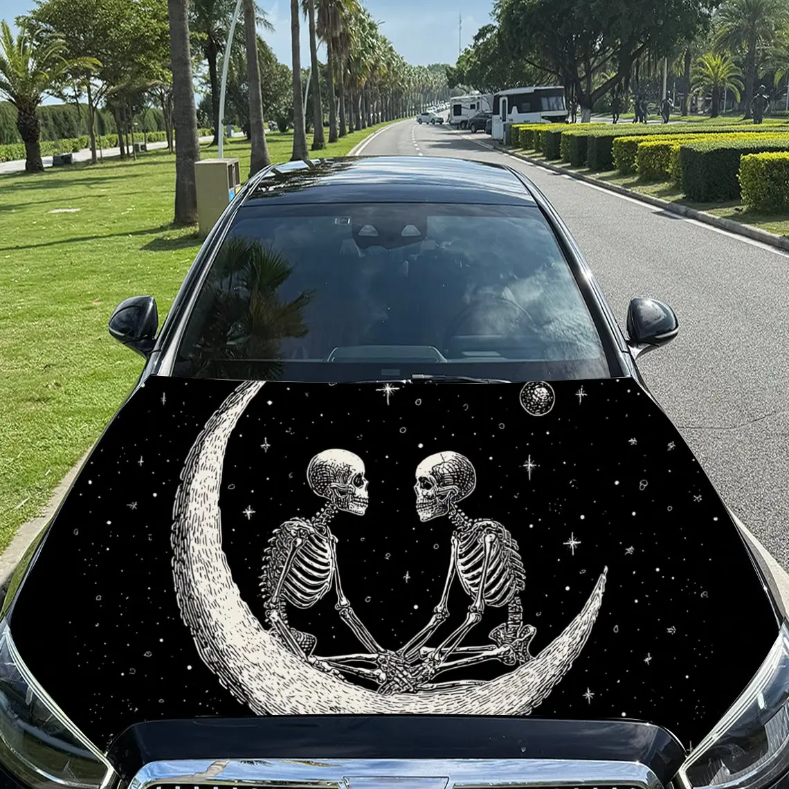

Quirky Skeletons on Moon Car Hood Sticker, Waterproof Self-adhesive Vehicle Vinyl Wraps Decal, Trendy Auto Exterior Decoration,