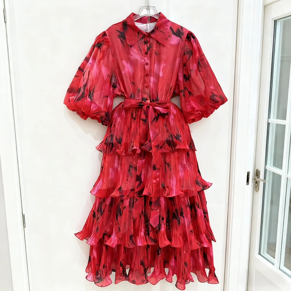 Vgh vintage luxuoso vestido para mulheres lapela meia manga cintura alta emendado rendas até em camadas vestidos de bolo roupas de moda feminina