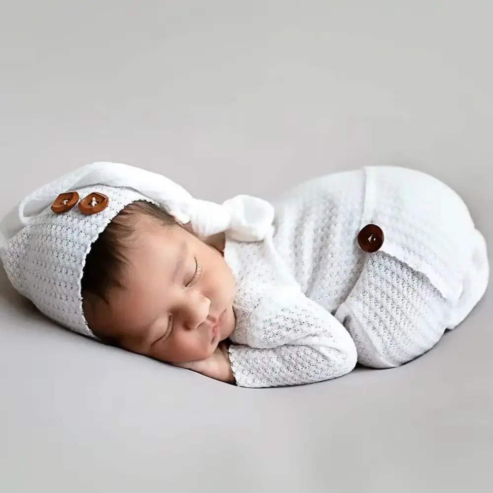 

2Pcs/Set Creative Newborn Photography Props Crochet Knit Footed Newborn Prop Set Buttons Solid Color