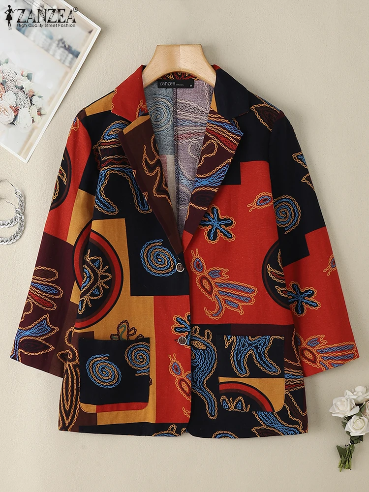 ZANZEA 2025 Autumn 100% Cotton Blazer for Woman Casual Notched Lapel Neck Long Sleeve Suit Jackets with Vintage Abstract Print