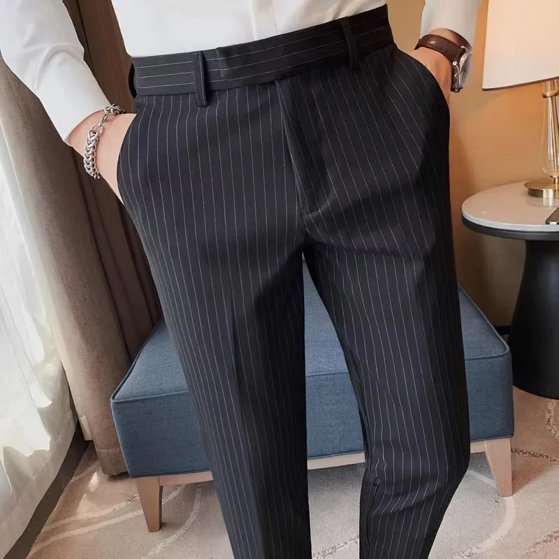 2023 Autumn Winter Striped Suit Pants Men Slim Fit Business Casual Dress Pants Wedding Office Social Trousers Men Clothing