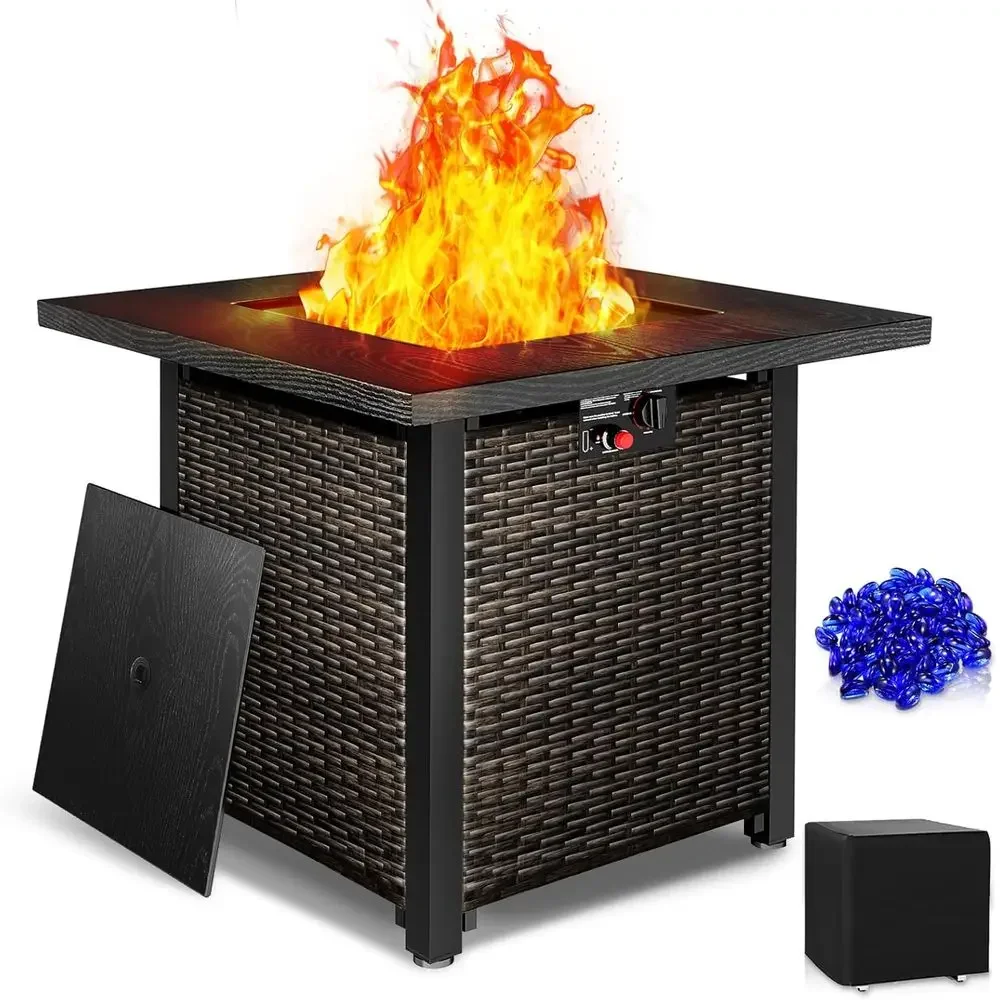 Square Outdoor Propane Fire Pit Table with Glass Stones and Lid, Suitable for Patio, Backyard, or Garden, Black