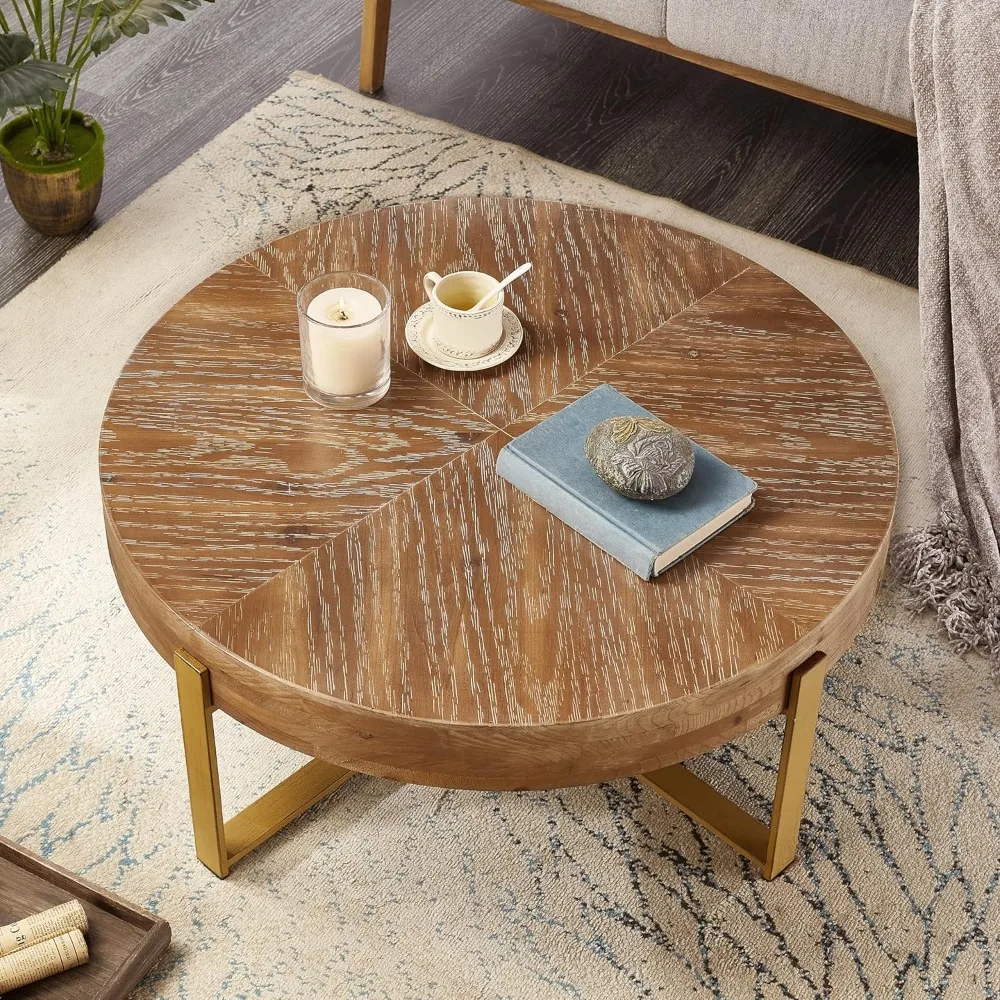 Rustic Vintage Circle Wooden Coffee Table with Gold Legs for Living Room - Easy Assembly