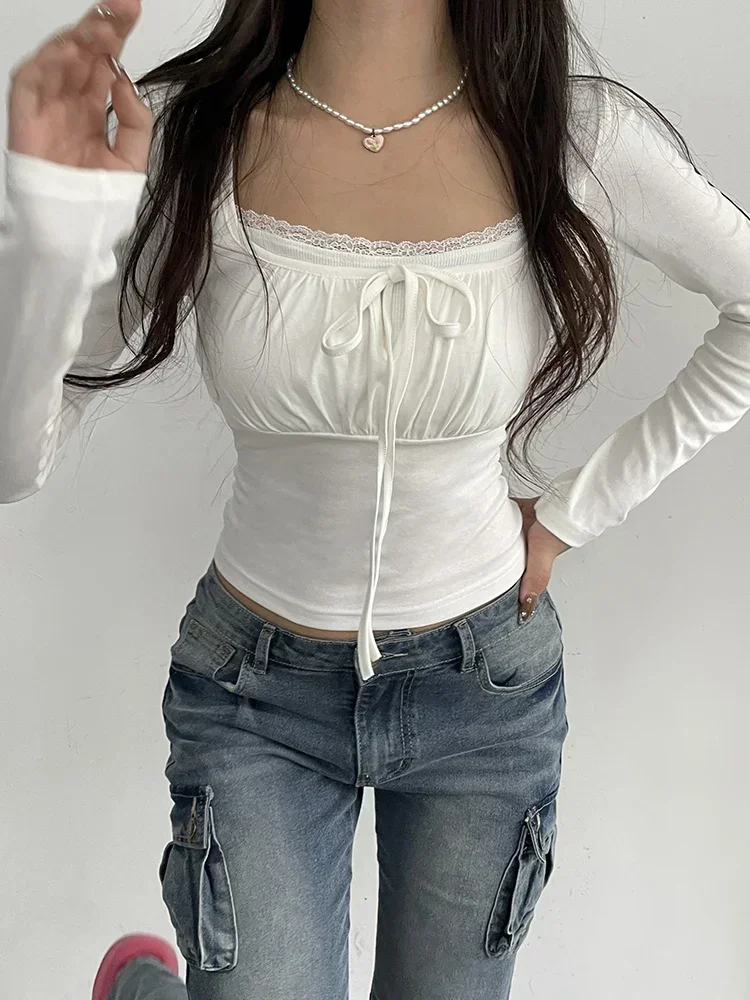 Laço ruched renda guarnição gola quadrada magro manga longa branco coreia roupas femininas y2k camiseta feminina bonito japonês kawaii roupas