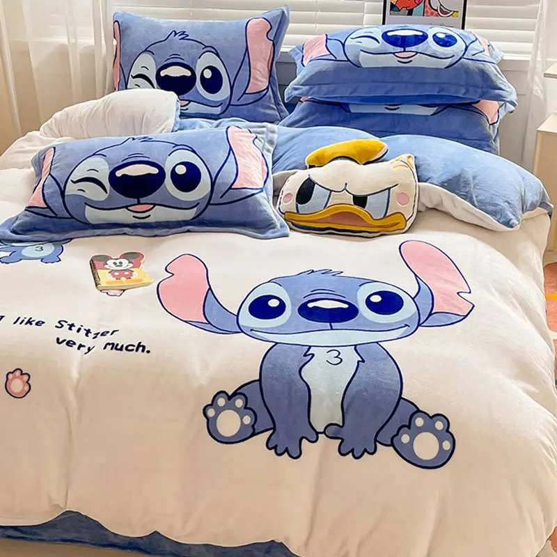 

Disney Stitch cartoon cute quirky bedding creative winter coral fleece warm bed sheet duvet cover four-piece set gift wholesale