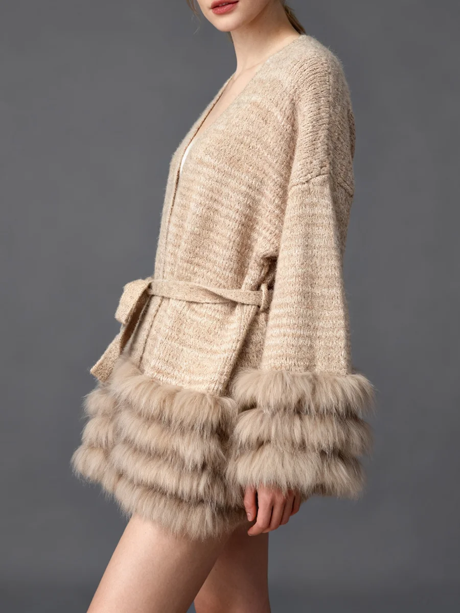 TWOTWINSTYLE Solido Allentato Impiombato Lace Up Eleganti Giubbotti per Le Donne Con Scollo A V Maniche Lunghe Patchwork Pelliccia Volant Giacca Femminile Nuovo