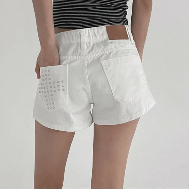 

Casual High Waist Straight Leg Jeans Shorts Pocket Bead Embellished Flattering Fit Versatile Basic Denim Shorts for Women