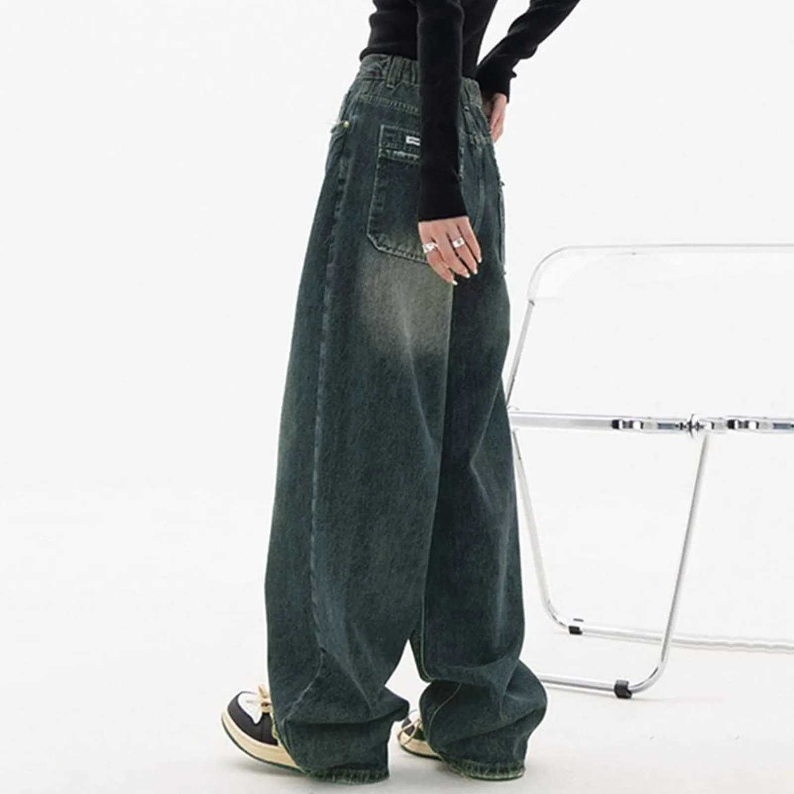 American Vintage Women Baggy Jeans Loose High Waist Straight Wide Leg Pant Washed Distressed Denim Trousers Casual Pants Autumn