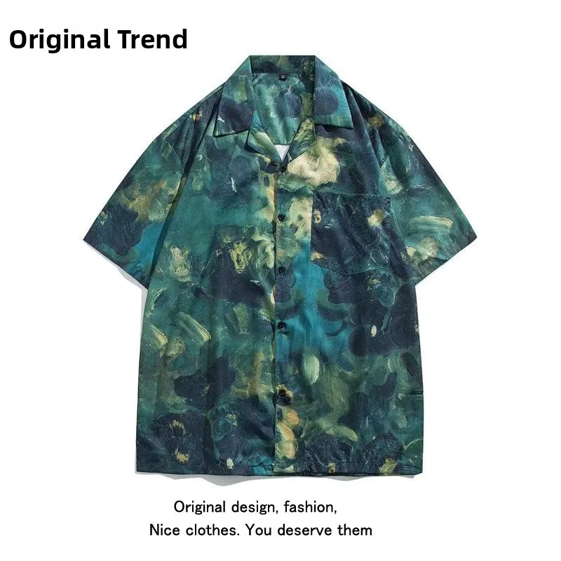 

Vintage Loose Fit Short Sleeve Cuban Collar Hawaiian Shirt Men's Summer Green Oil Painting Print Shirt Youth Fashion Standard...