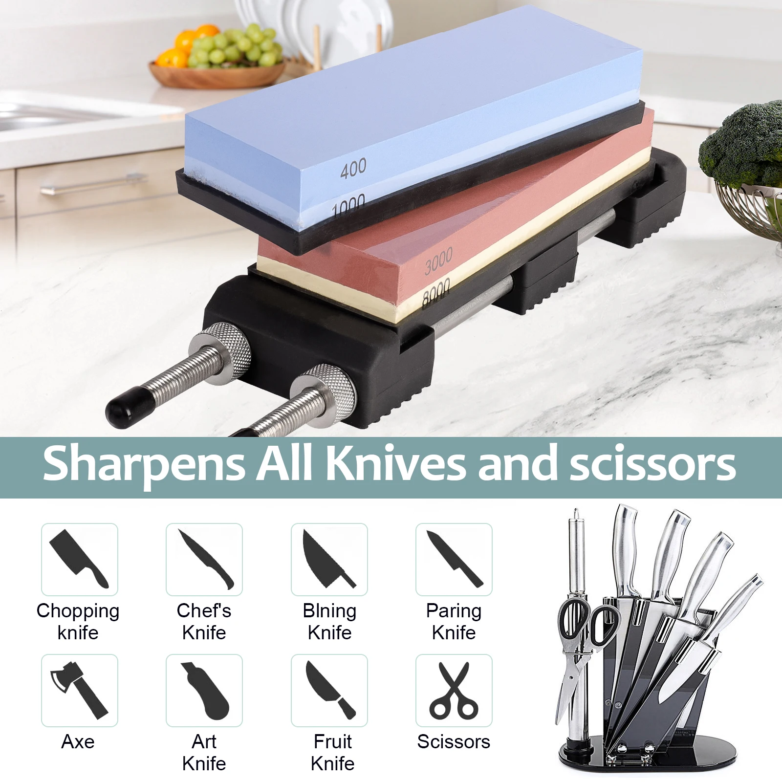 Sharpening Stone Knife Sharpener Dual Grit Whetstone 400/1000 3000/8000 Whetstone Grindstone Set Wood Base Angle guide Polishing