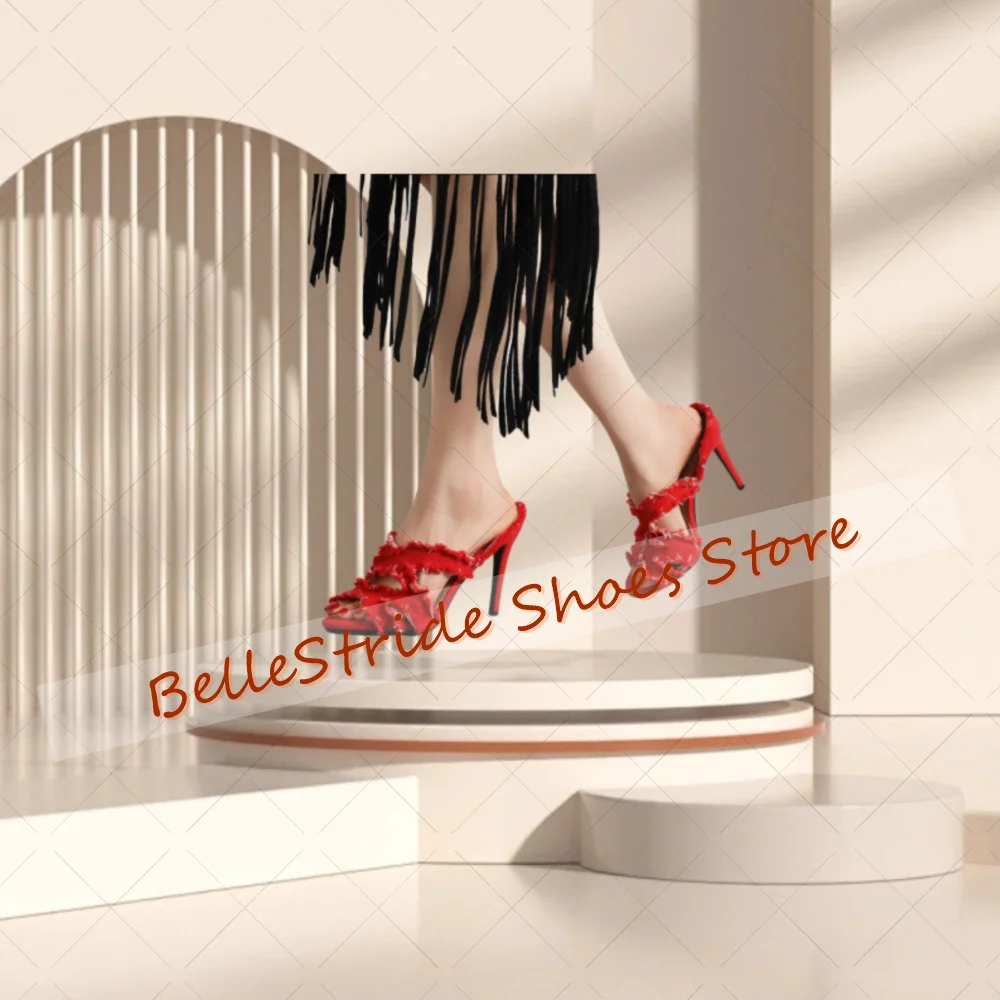 شباشب مجوفة بحواف خام من الدنيم الأحمر أحذية نسائية مفتوحة من الأمام بكعب عالٍ للحفلات والولائم والمواعدة 2025 Zapatos Para Mujere