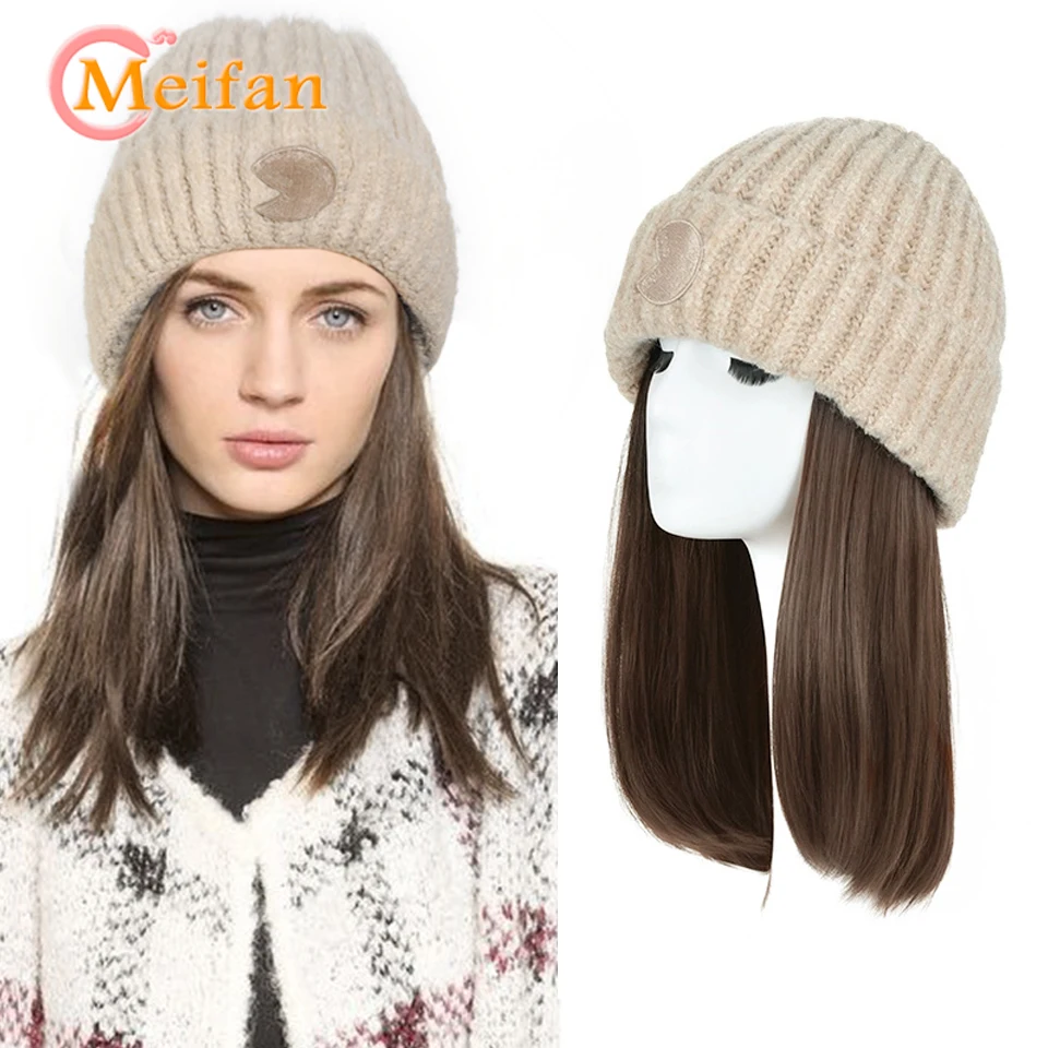 

Warm Knitted Hat Wig Synthetic Natural Black Brown Long Wavy Curly Wig Natural Connect Elastic Hat Wig for Girl Party